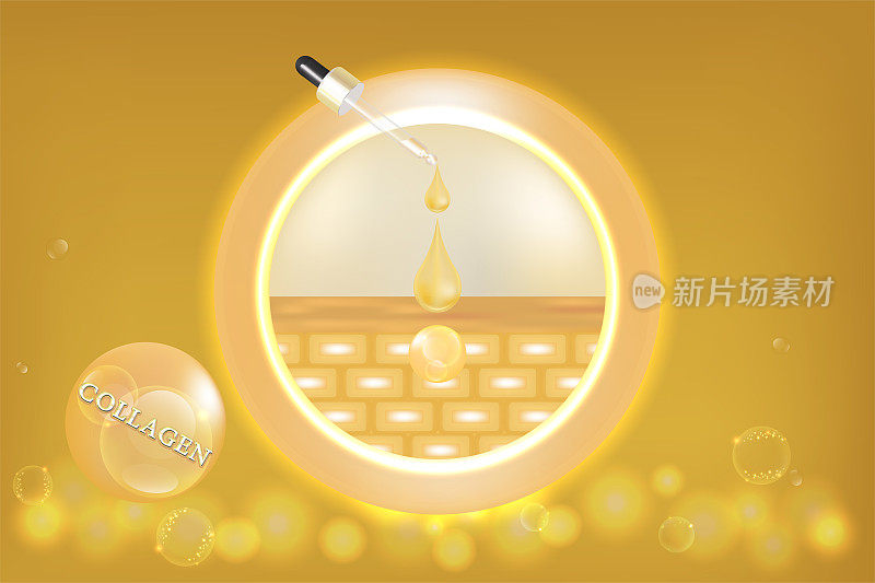 Hyaluronic acid skin solutions ad, gold collagen serum drop with cosmetic advertising background ready to use